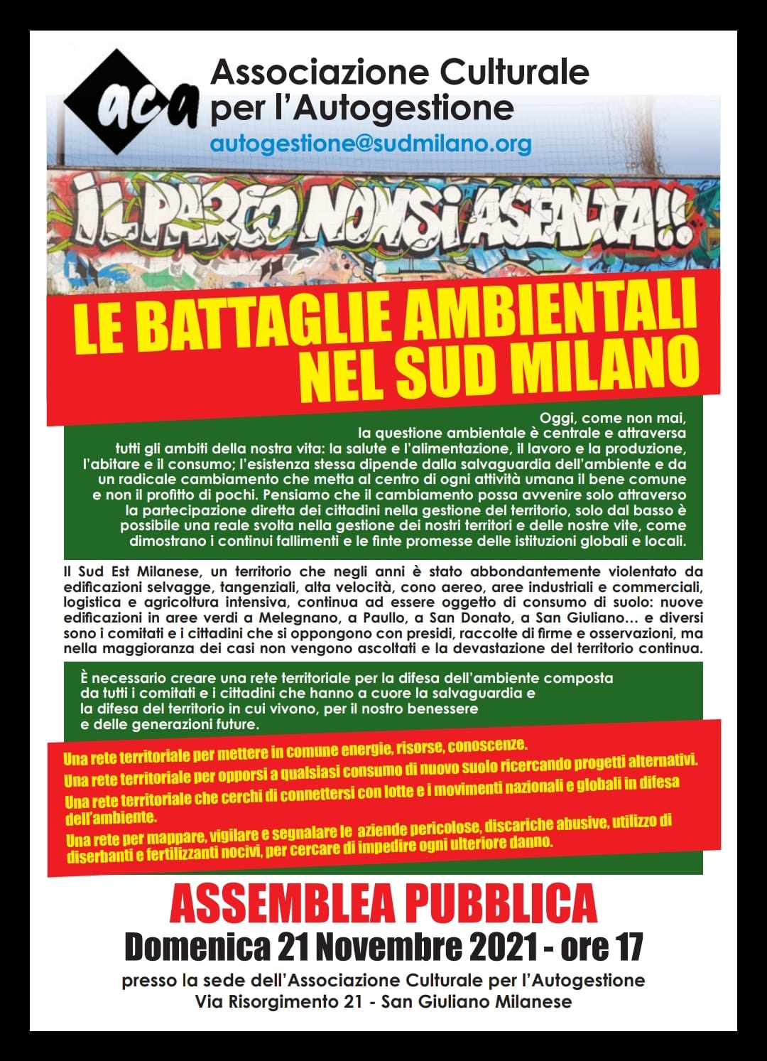 LE BATTAGLIE AMBIENTALI NEL SUD MILANO – Domenica 21 novembre